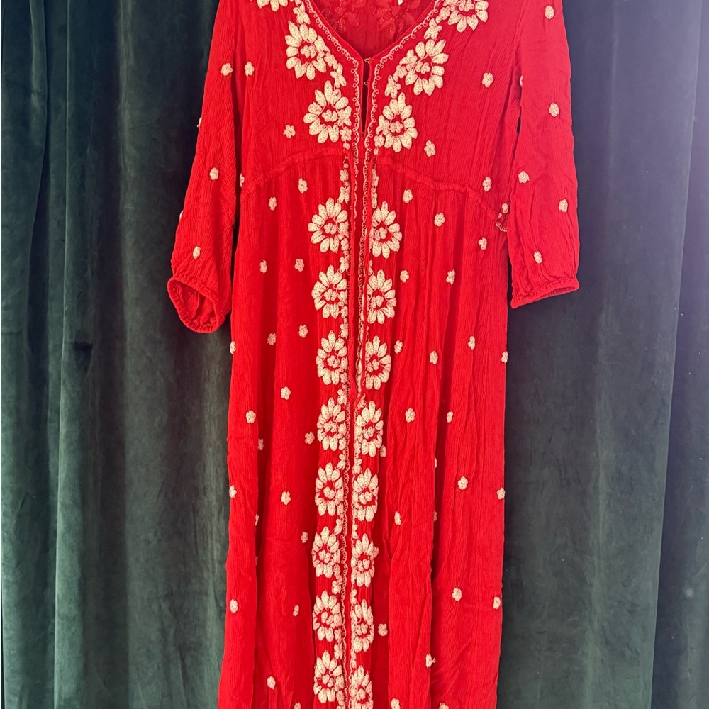 Free People Red Floral Embroidered Dress